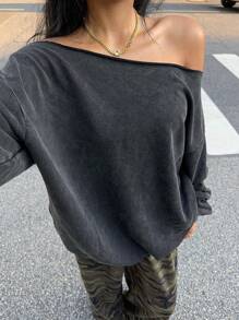 Muchica 1st Dames Distressed Off Shoulder Losse Sweatshirt, Lange Mouw Tops
