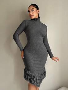 SHEIN SXY Đầm nữ ấm áp cổ cao tay dài bất đối xứng gợi cảm - Xám - Xem 3