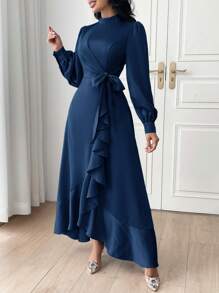 Modelyn Women Fashion Solid Color Belted Long Sleeve Dress,Elegant Evening Party Dress Long Evening Dresses