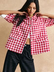 Poéselle 女士长袖仿口袋格子棉服外套，休闲日常穿着，冬季女装，红色和白色，轻松时尚必备 - 紅白色 - 查看 5