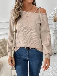 EMERY ROSE 1pc Women's Khaki Off Shoulder Long Sleeve T-Shirt, Autumn/Winter - Khaki - View 1