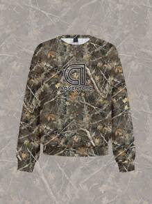 SHEIN EZwear Casual Minimalist Vintage Tree Branch Camouflage Print Loose Fit Crew Neck Long Sleeve Hoodie Sweatshirt For Women, Autumn/Winter - Multicolor - View 3