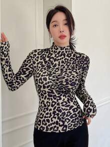DAZY Women's Autumn High Collar Leopard Print Ruched Fitted T-Shirt Cheetah Print Long Sleeve Women Tops,Fall Women Clothes - Brown - View 6