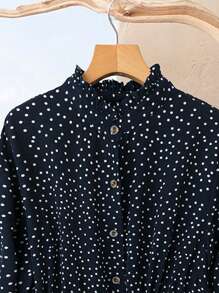 Rusticease Damen Große Größen Kleid mit Knopfleiste vorne, Langarm, Landhaus-Lässig, Polka Punkte, Winterkleidung für Frauen - Blau-Weiß - Übersicht 4