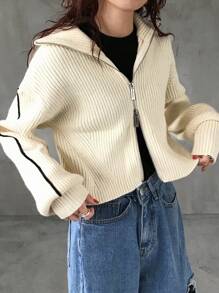 FRIFUL Áo khoác cardigan dáng rộng cổ cao, khóa kéo phía trước, đơn sắc, thời trang thu/đông, tay dài, quần áo nữ mùa thu - Màu be - Xem 3