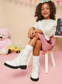 Mini mi 儿童时尚白色凸纹鞋底系带机车靴，带侧拉链，酷炫女孩战斗靴，易于穿着 - 白色 - 查看 7