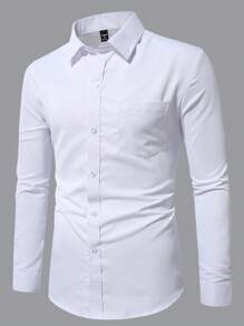 Manfinity Homme 男士纯色口袋设计休闲商务衬衫，秋季 - 白色 - 查看 1