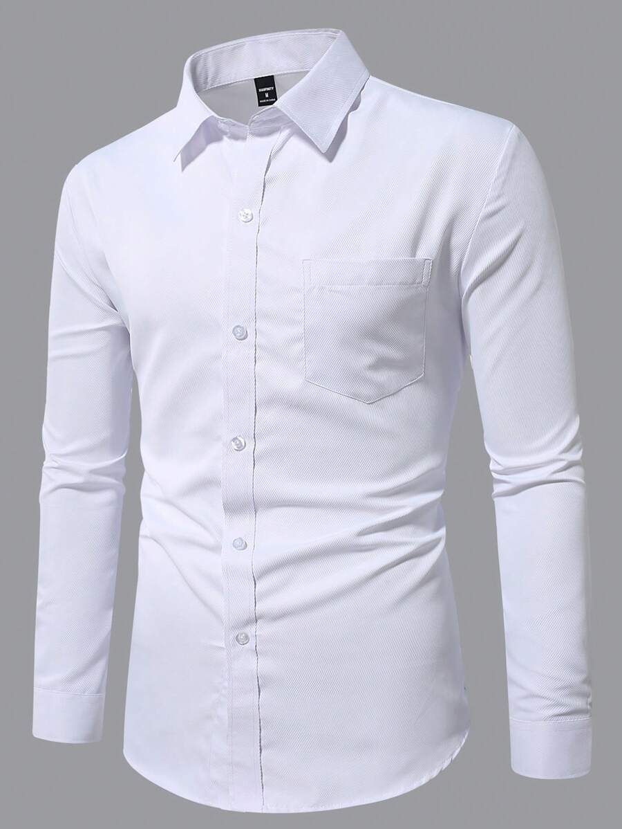 Manfinity Homme 男士纯色口袋设计休闲商务衬衫，秋季 - 白色 - 查看 1