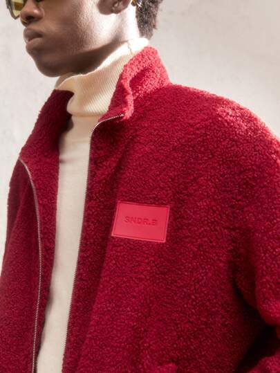 AKNOTIC Christmas Men's Knitted Stand Collar Open Front Drop Shoulder Long Sleeve Short Loose Fleece Jacket, Suitable For Autumn/Winter, Casual And Party Occasions, Red With Shearling Fabric, Letter Logo And Metal Zipper