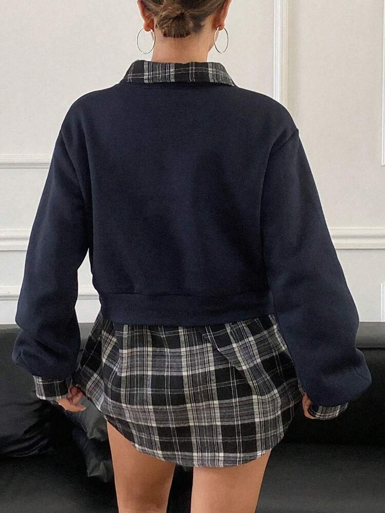 2pcs Set Women Plaid Shirt & Cropped Crew Neck Sweatshirt,Fall Clothes