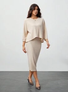 SHEIN Tall Casual Women's Batwing Sleeve Ribbed Crop Top And Skirt Set, 2pcs - Khaki - View 1