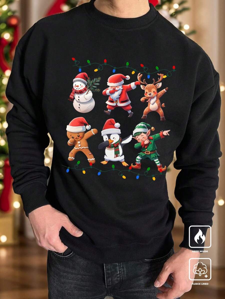 Manfinity Homme Áo thun nam dài tay Giáng sinh, Tai hươu, Ông già Noel, Nai sừng tấm, Mũ ông già Noel, Người tuyết, Vui nhộn, Áo chui đầu cổ tròn in họa tiết ngày lễ, Quà tặng cho bạn bè, Chồng, Bạn trai - màu đen - Xem 1
