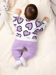 SHEIN Newborn Baby Girl Cute Heart Pattern Sweatshirt & Solid Color Elastic Waist Pants Set, Autumn/Winter - Purple - View 2