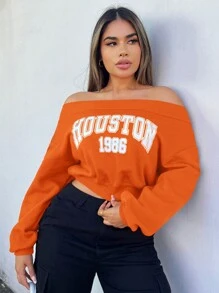 SHEIN SXY Sudadera corta para mujer con estampado de letras y hombros al descubierto, estilo primavera - Naranja - Ver 5