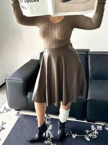 SHEIN Frenchy 大码休闲纯色 A 字裙，春夏 - 咖啡棕 - 查看 3