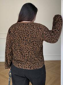 Dazy Plus Leopard Print Round Neck Loose Long Sleeve T-Shirt, Spring/Summer,Fall Clothes - Brown - View 2