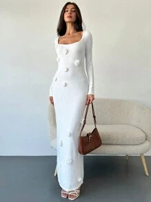 Aloruh Romantisches Damen Pulloverkleid mit quadratischem Ausschnitt, Langarm, floraler Stickerei und figurbetonter Passform, Beige - Beige - Übersicht 3