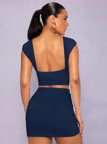 SHEIN BAE Solid Crop Top & Bodycon Skirt - Navy Blue - View 2