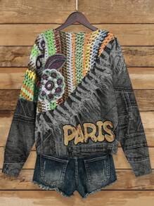 SHEIN LUNE Women Floral And Letter Pattern Round Neck Long Sleeve Casual Knitted Sweater, Autumn Fall Winter - Black - View 2