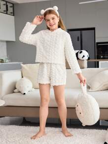 Tween Girls White Fluffy Hooded Long Sleeve Sleepwear And Shorts Pajama Set