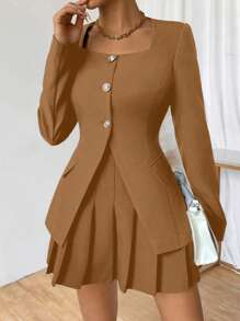 Chiquease 女式纯色方领单排扣优雅办公室西装外套，秋季 - 棕色 - 查看 3