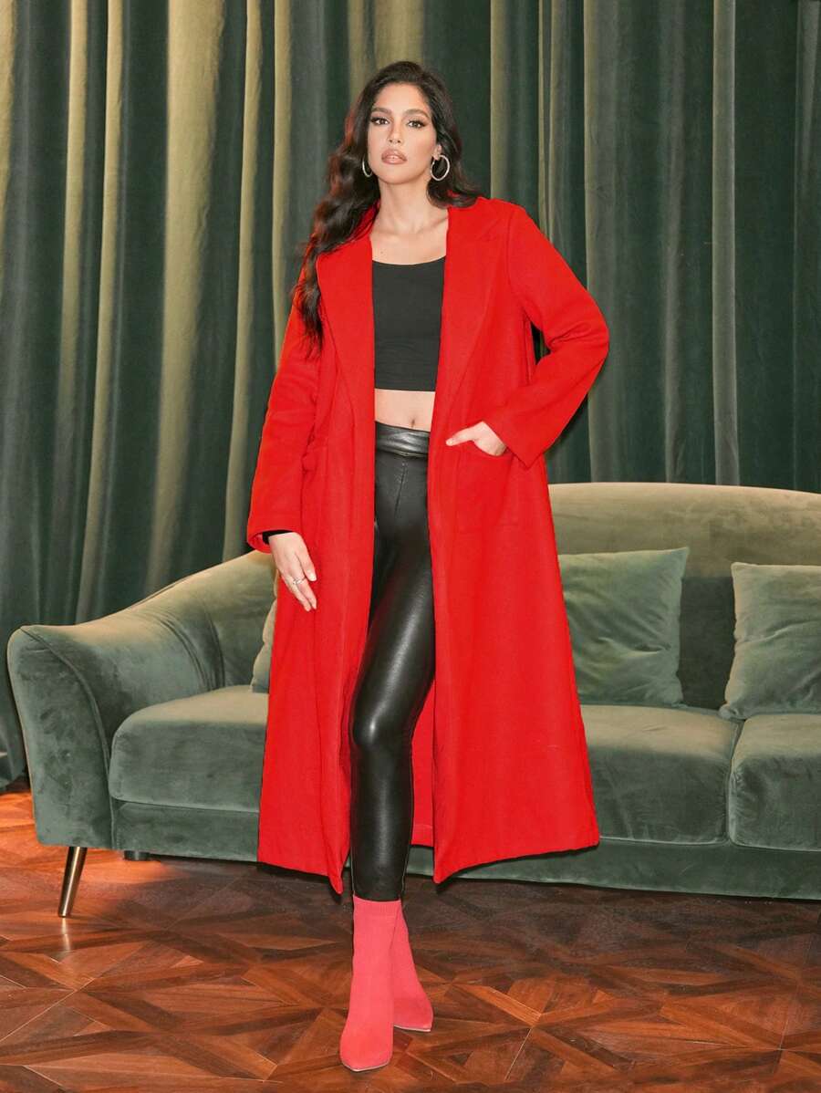 Zolique Women Casual Solid Color Patchwork Pocket Long Overcoat - Red and White - View 1