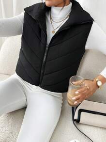 SHEIN Frenchy Vrouwen dons gewatteerde kraag mouwloze jas, winter, vrouwen mouwloze rits casual warme gewatteerde jas, winter vrouwen jas, zwarte jas, winter vrouwen kleding, zwarte jas, retro, elegante vrouwen, festival kleding, zakelijke casual vrouwen,