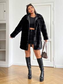 SHEIN EZwear 冬季大码女式黑色毛绒休闲夹克 - 黑色 - 查看 5