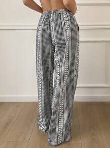 DAZY Women's Loose Straight Leg Plaid Pajama Pants - Black and White - View 2