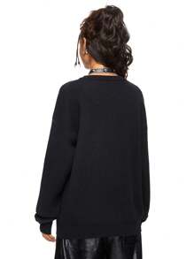 ROMWE Goth 深绿色骷髅与蛇嵌花宽松圆领毛衣（女款） - 黑色 - 查看 3