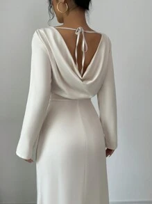 Chiquease 1 件女士优雅丝醋酸纤维缎面束腰露背吊带美人鱼下摆连衣裙长款女装 - 杏色 - 查看 6