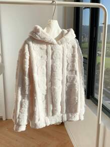 Comfortcana 1 件女式毛茸茸纯色连帽长袖运动衫，秋冬款 - 白色 - 查看 5