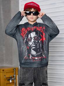 Tween Boy Fashionable Distressed Portrait & Letter Graphic Print Long Sleeve Hoodie Sweatshirt