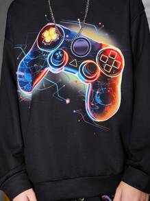 Set de 2 piezas de sudadera con capucha y pantalones con gráfico de videojuego que brilla en la oscuridad y estilo casual urbano para niño preadolescente, adecuado para ir a la escuela, tiempo libre, deportes, otoño/invierno - Negro - Ver 5