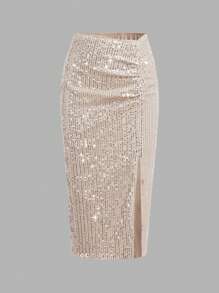 SHEIN 青少年女孩毛绒夹克，优雅亮片细肩带褶皱开衩迷人派对服装套装，香槟色，2 件套，秋季和圣诞派对 - 杏色 - 查看 7