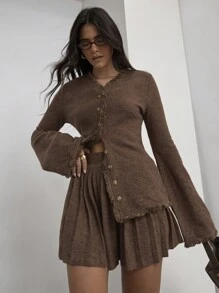 COSMINA 2pcs Women Casual Solid Frayed Flare Sleeve Top & Pleated Hem Skirt Set, Autumn - Brown - View 3