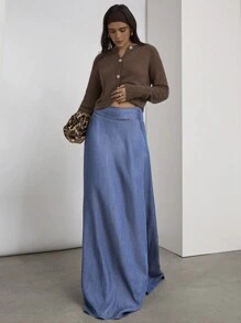 COSMINA Denim 女士纯色口袋设计长款休闲牛仔半身裙 - 中等水洗藍 - 查看 4
