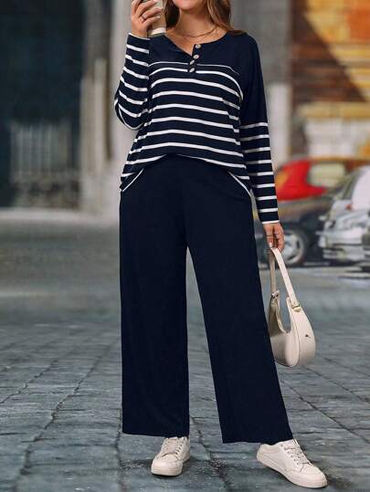 2pcs/Set Plus Size Casual Stripe Pattern Half Button Cardigan Long Sleeve T-Shirt And Loose Wide Leg Pants, For Spring/Autumn Fall Cloth For Women