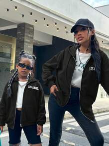 SHEIN Tween 女童星星印花连帽休闲长袖运动衫，秋冬款 - 黑色 - 查看 6