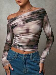 SHEIN BAE Women Tie-Dye Print Off Shoulder Long Sleeve Cropped Fashion Blouse, Autumn