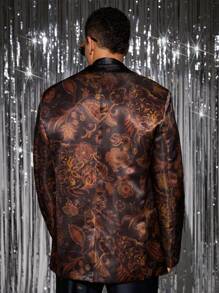 Manfinity VCAY Men's Woven Fashionable Casual Loose Fit Retro Pattern Print Long Sleeve Blazer, For Fall Winter, Christmas - Burgundy - View 2