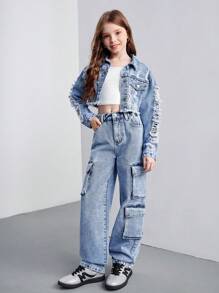 Ensemble veste en jean délavé bleu déchiré + pantalon en jean pour filles