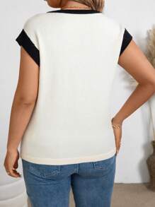 SHEIN LUNE 大码女式休闲撞色边宽松圆领蝙蝠袖针织上衣，适合夏季和秋季 - 彩色 - 查看 2
