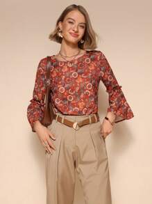 Almamuse Women's Elegant Floral Print Round Neck Long Sleeve Blouse