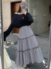 DAZY 女式秋季新款格子 A 字裙 - 黑色 - 查看 8