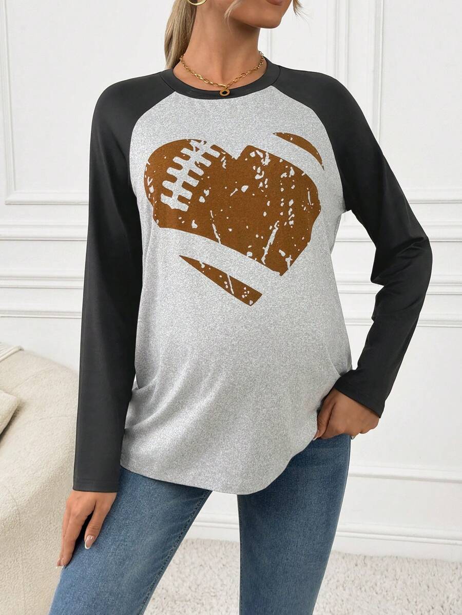 SHEIN 孕妇休闲日常心形印花撞色插肩袖 T 恤，秋季，冬季