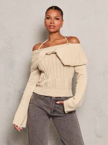 Glamine Women Off Shoulder Halter Neck Twist Front Bell Sleeve Sweater
