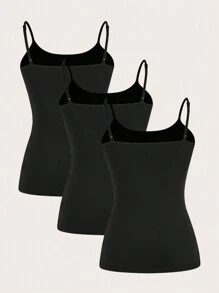 SHEIN EZwear 女士休闲优雅多件装加垫吊带背心，夏季 - 黑色 - 查看 2