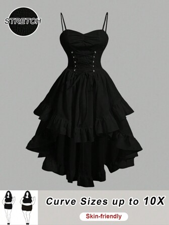 SHEIN CURVE+ Plus Size Women's Solid Color Sweetheart Neckline Cross Tie Rod Ruffle Edge Asymmetric Vintage Hem Dress,Graduation White Dress Black Corset Dressgothic Dress