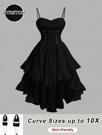 SHEIN CURVE+ 大码女式纯色甜心领口交叉系带荷叶边不对称复古下摆连衣裙，毕业白色连衣裙黑色紧身胸衣连衣裙哥特式连衣裙